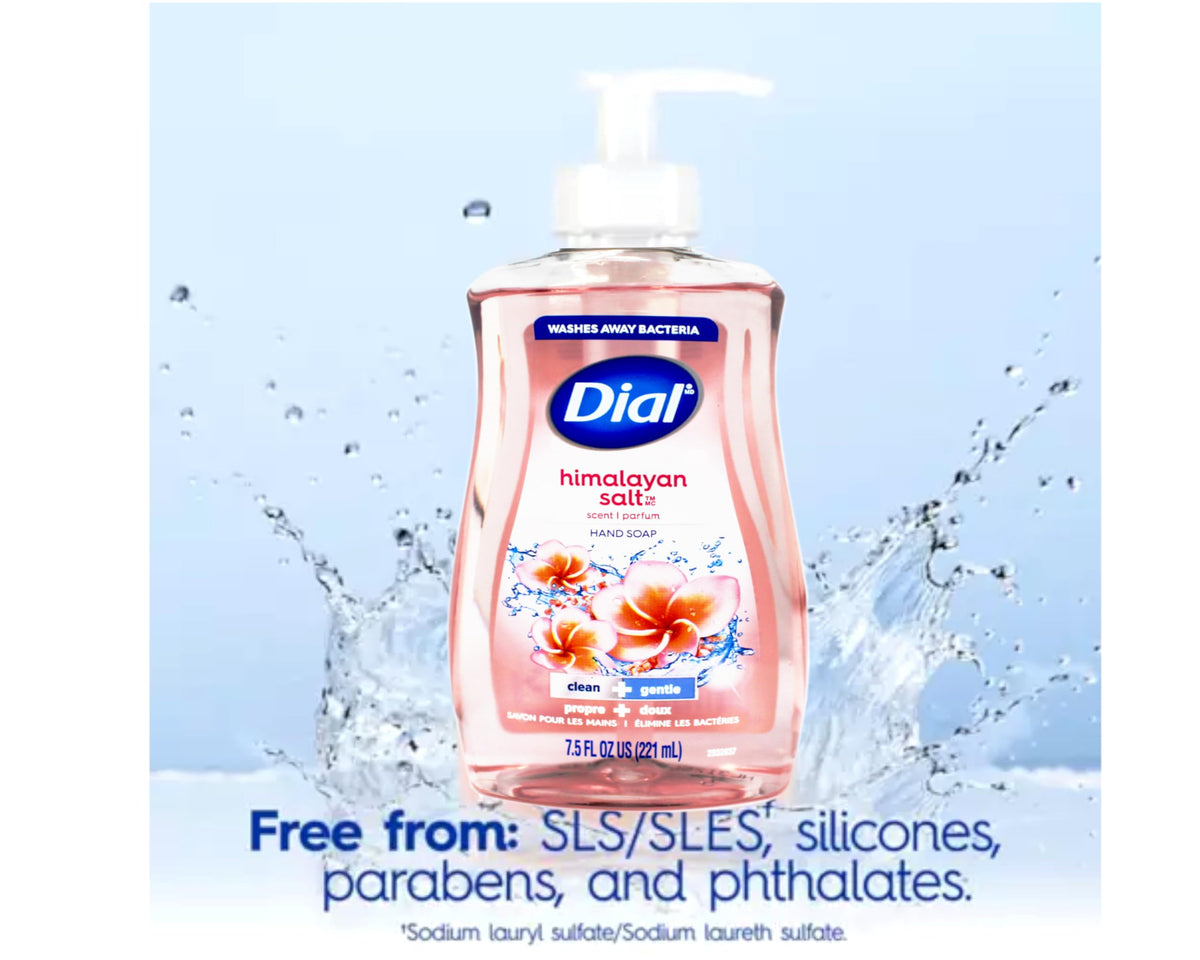 Pack of six Dial Himalayan Pink Salt & Water Lily bottles on countertop.