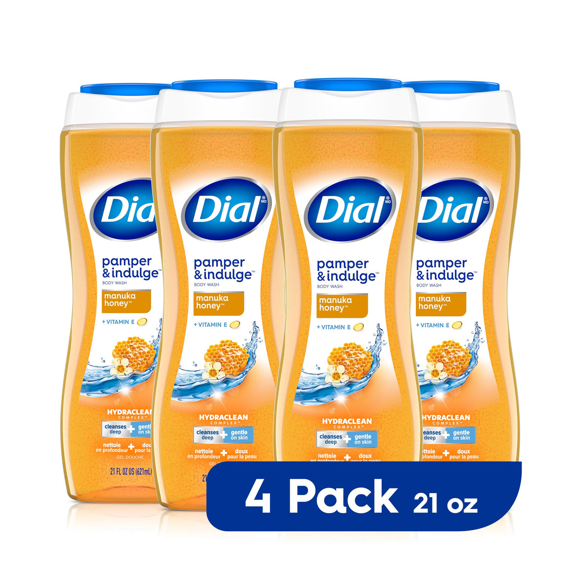 Dial Manuka Honey body wash four-pack bottles, front view, inviting luxurious cleansing.