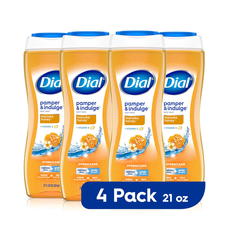 Dial Manuka Honey body wash four-pack bottles, front view, inviting luxurious cleansing.