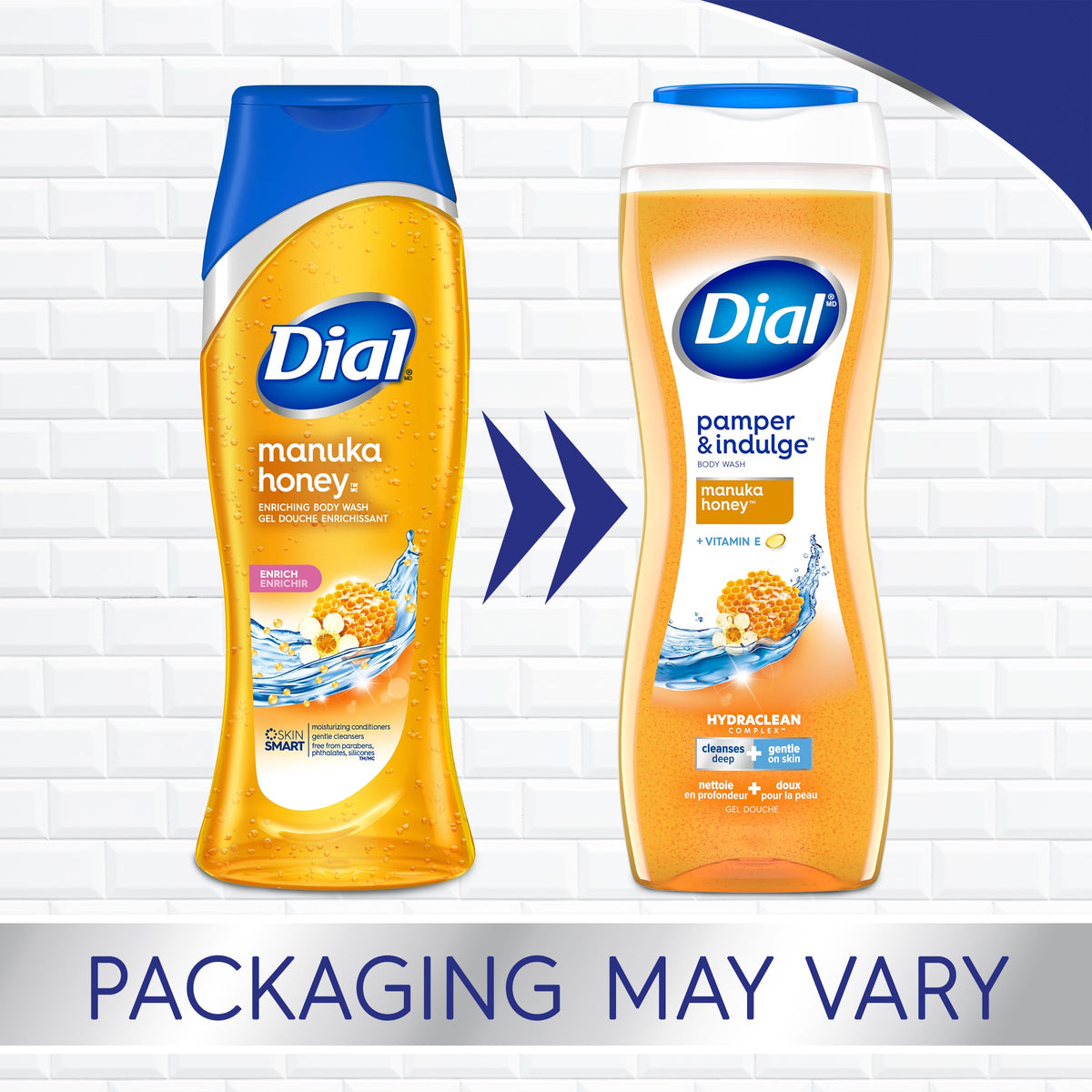 Dial Manuka Honey body wash four-pack bottles, side angle showcasing packaging.