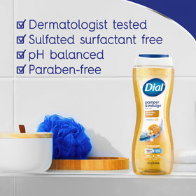 Dial Manuka Honey body wash bottle with pump, ideal for quick morning routines.
