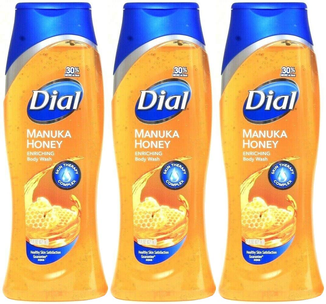 Dial Manuka Honey Enriching Body Wash bottle pour, delivering creamy lather for refreshed, nourished skin