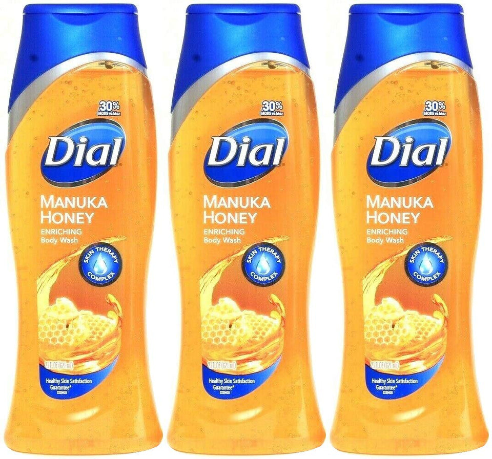 Dial Manuka Honey Enriching Body Wash bottle pour, delivering creamy lather for refreshed, nourished skin