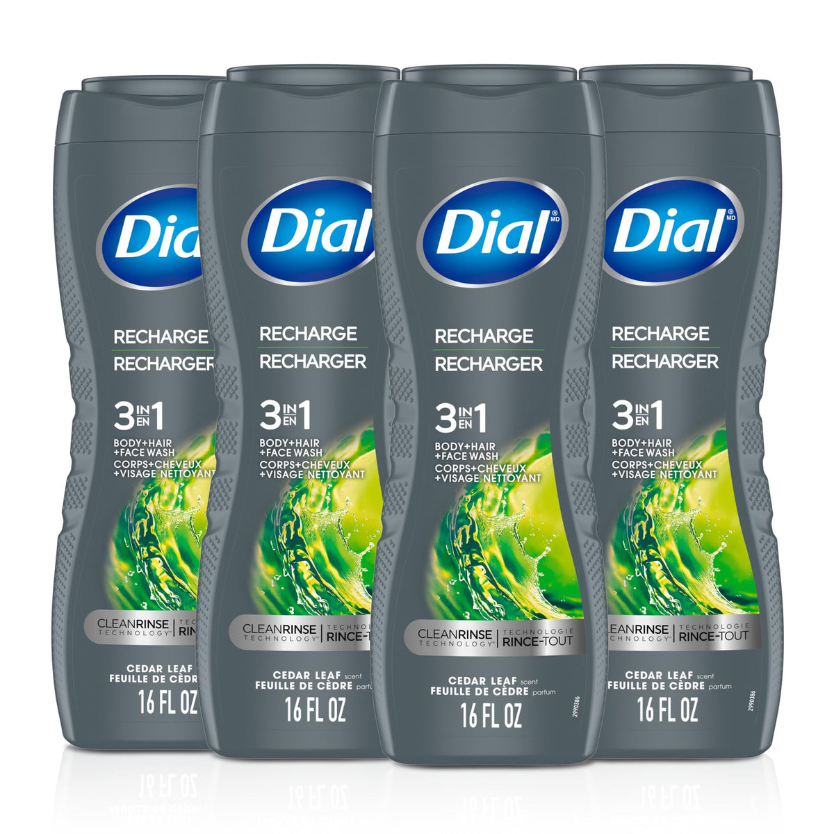 Dial Men 3 in 1 Recharge bottle front shows convenient all-in-one cleansing