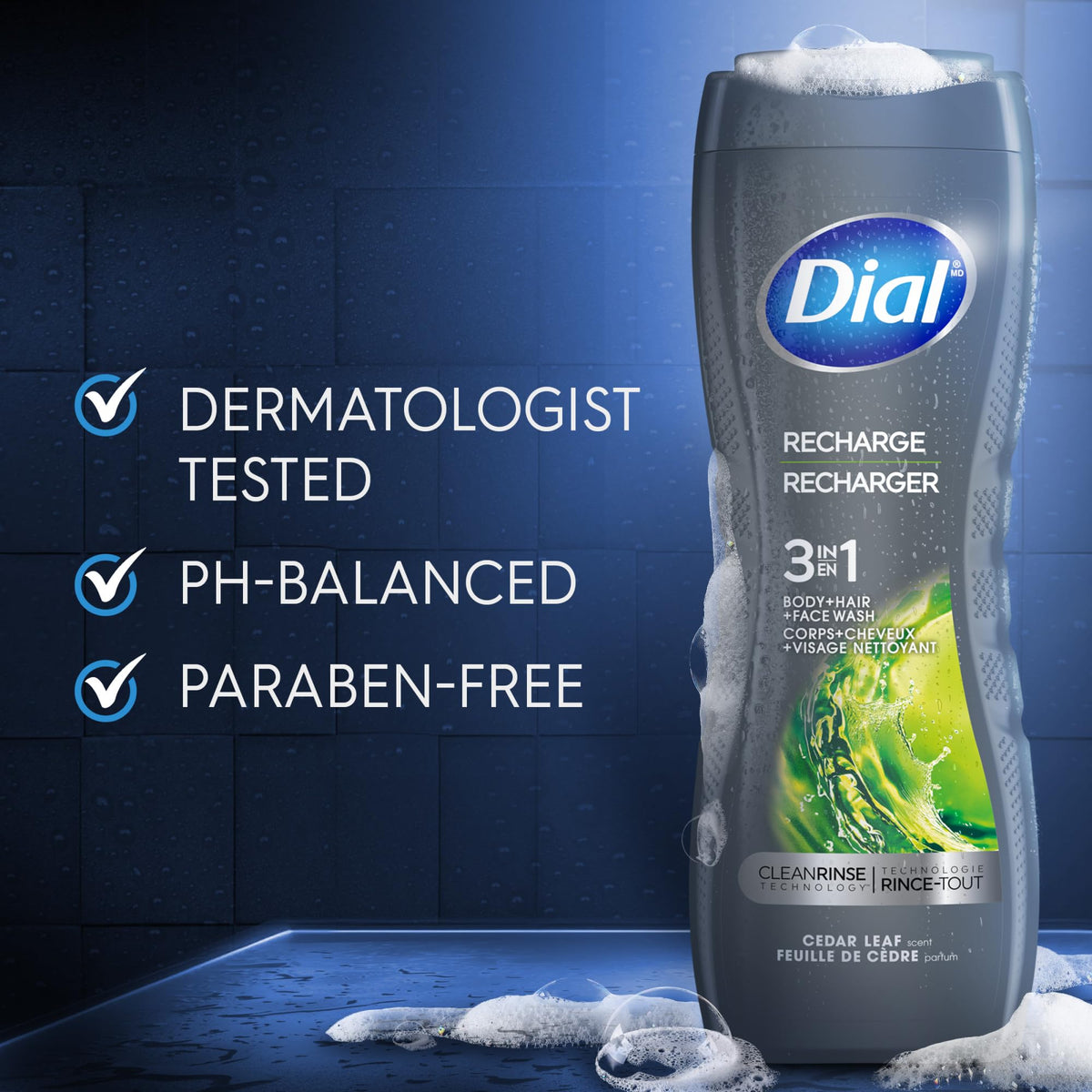 Dial Men 3 in 1 Recharge three-in-one usage shot communicates simplicity