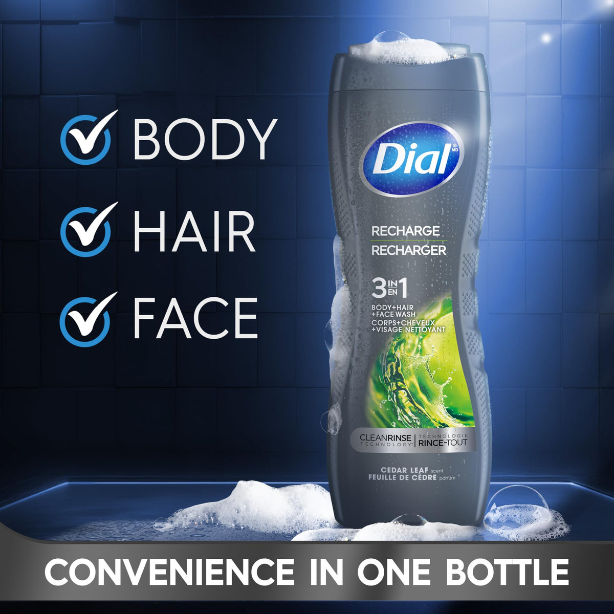 Dial Men 3 in 1 Recharge rich lather close-up highlights creamy foam