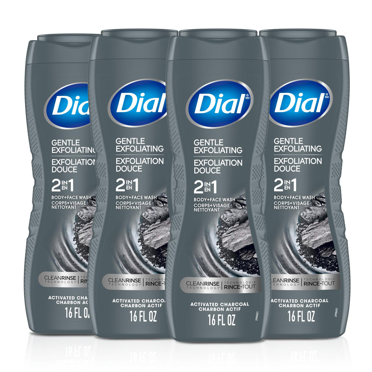 Dial Men activated charcoal bottle demonstrates deep-clean action for refreshed skin.
