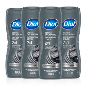 Dial Men activated charcoal bottle demonstrates deep-clean action for refreshed skin.
