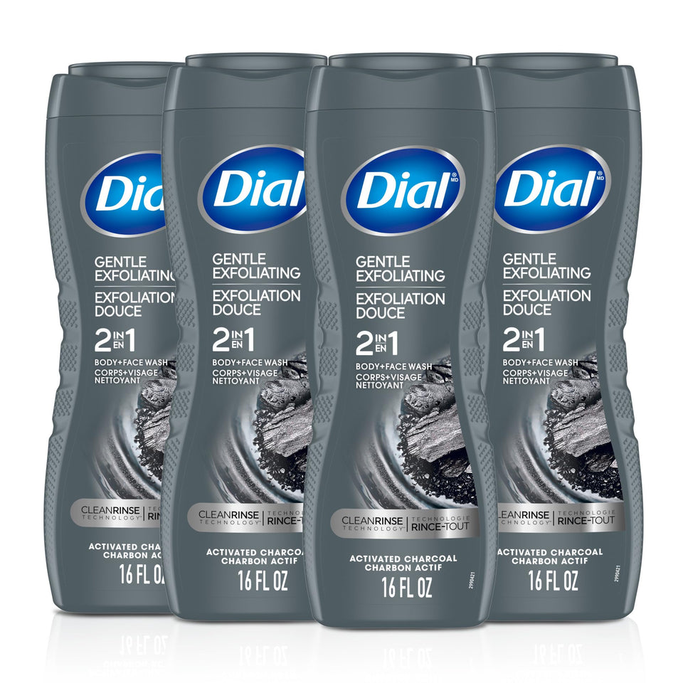 Dial Men activated charcoal bottle demonstrates deep-clean action for refreshed skin.