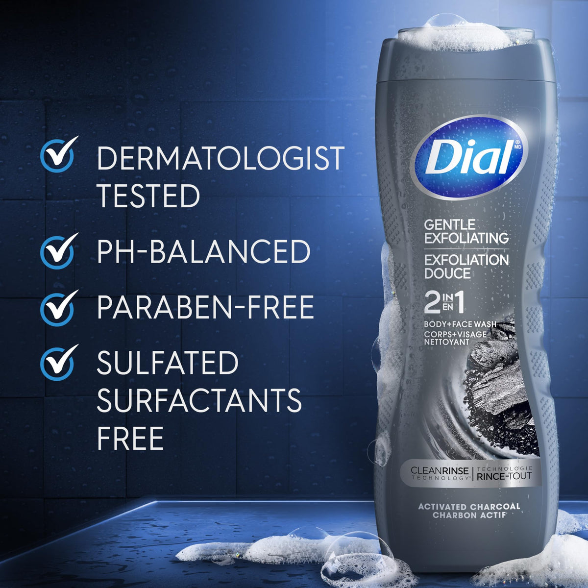 Dial Men Clean Rinse Technology close-up shows residue-free finish.