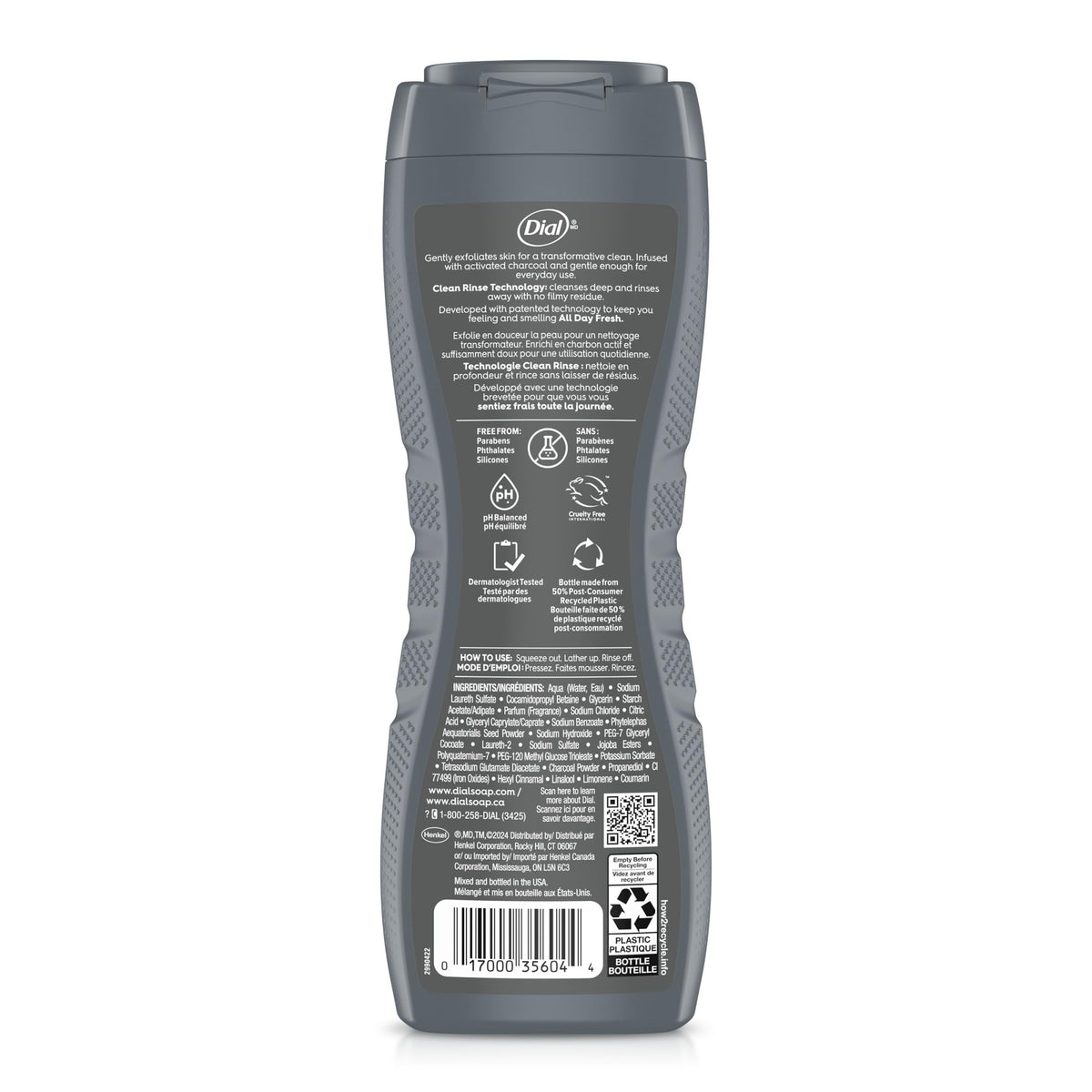 Dial Men recyclable bottle with 50% PCR highlights sustainability.