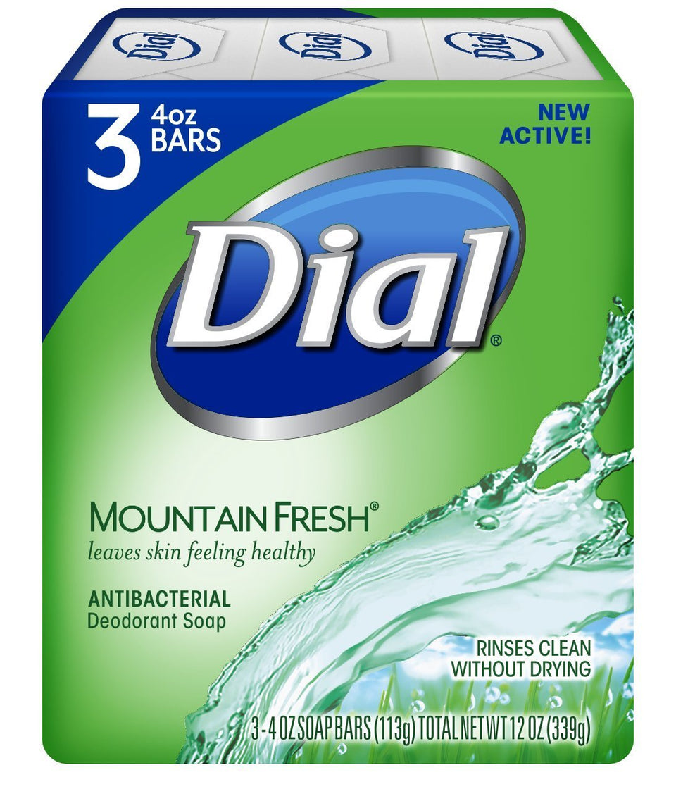 Dial Mountain Fresh antibacterial deodorant soap bar with refreshing scent and lasting odor protection.