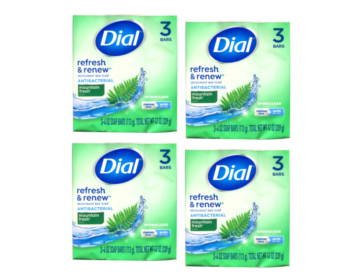 Dial Mountain Fresh antibacterial four-bar pack in 4 oz bars for daily cleansing