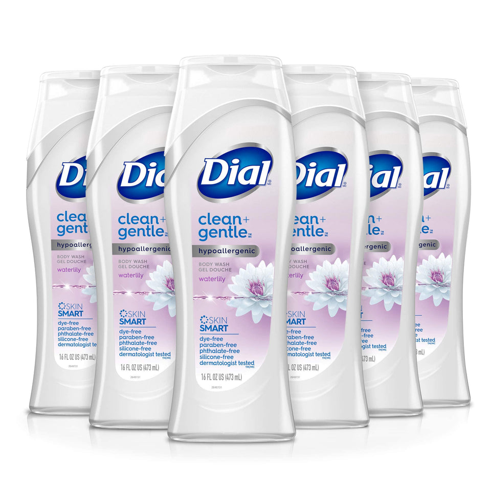 Dial Waterlily bottle front shows gentle formula for sensitive skin