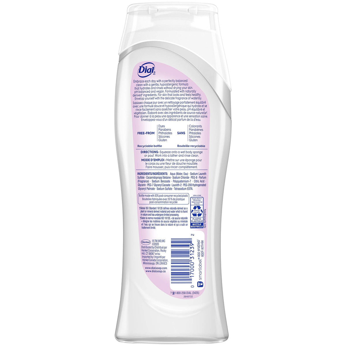 Dial Waterlily bottle label highlights dermatologist-tested cruelty-free promise