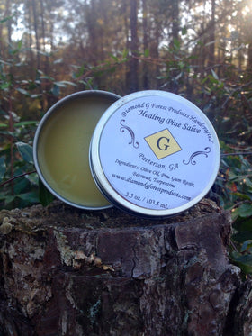 Diamond Healing Pine Salve label highlights natural ingredients and pine notes