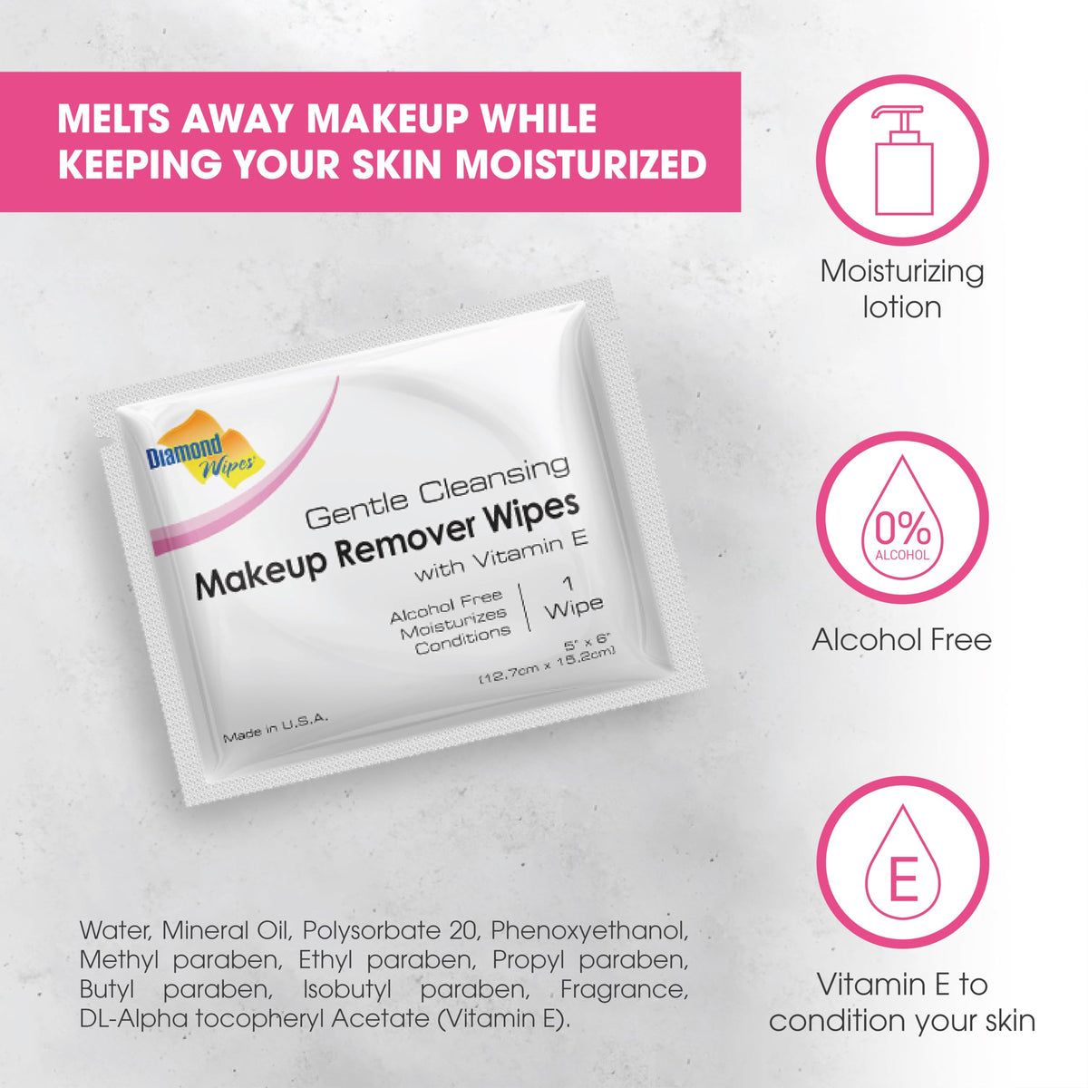 Diamond Wipes case of 50 wipes in packaging for on-the-go skincare.
