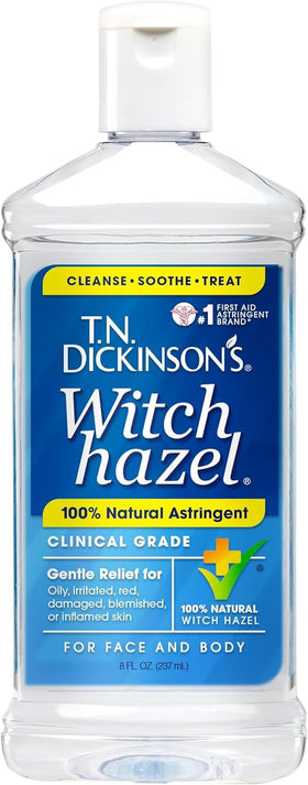 Dickinson's Witch Hazel bottle ready for a gentle skin refreshment after cleansing.