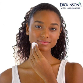 Dickinson's Witch Hazel on cotton pad demonstrates makeup removal and oil control.
