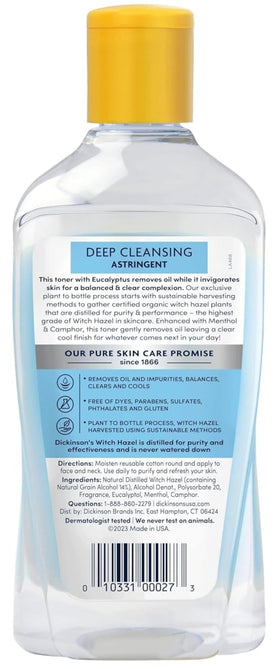 Dickinson's Witch Hazel plant-to-bottle process highlighting purity and natural sourcing.