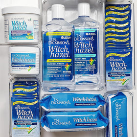 Dickinson's Witch Hazel bottle on a clean bathroom counter.