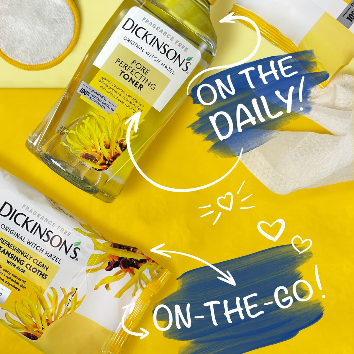Dickinson's Witch Hazel Toner on cotton pad ready for application.