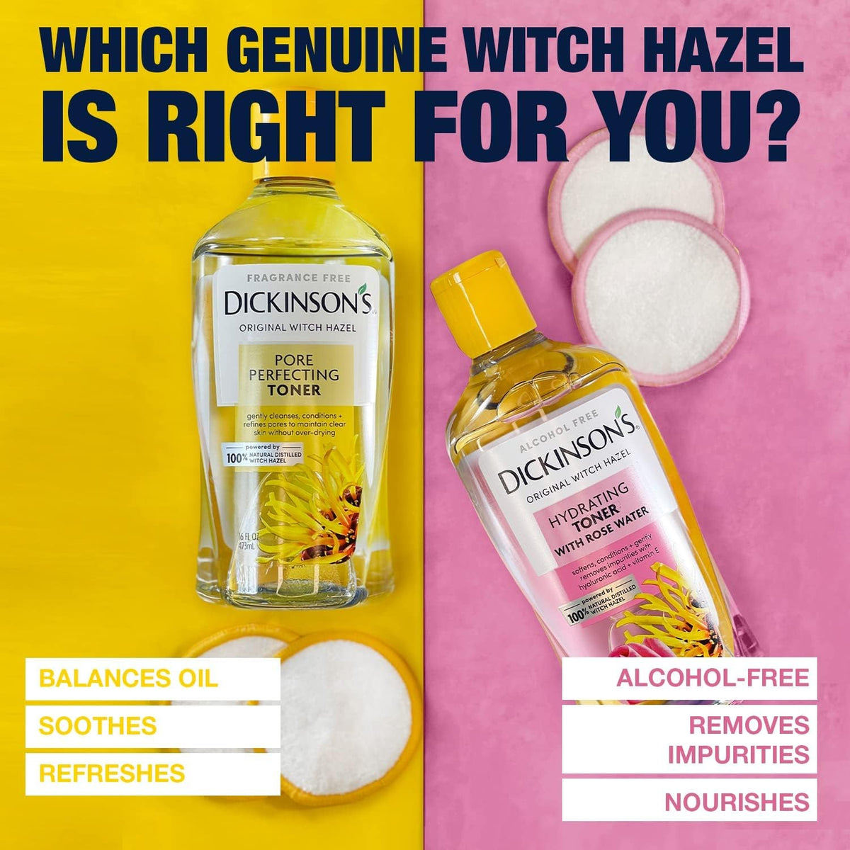 Dickinson's Witch Hazel Toner label and no-dye claim for gentle care.