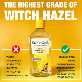 Close-up of Dickinson's Witch Hazel Toner label highlighting natural ingredients.