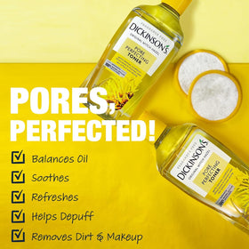 Dickinson's Witch Hazel Toner pour demonstrates easy application on cotton pad.