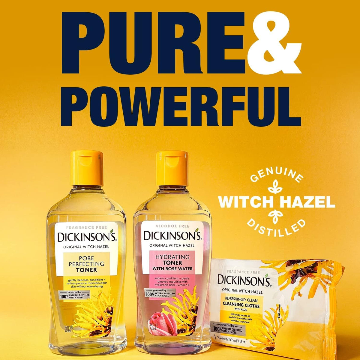 Dickinson's Witch Hazel Toner packaging on shelf for easy access in routine.
