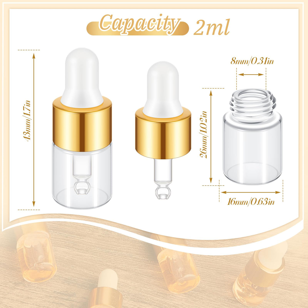 Didaey clear 2ml bottle with gold cap, convenient purse-size for liquids.
