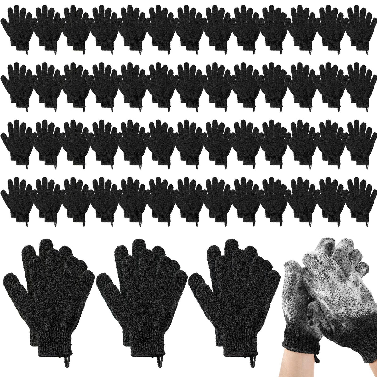 Didaey exfoliating gloves bulk pack with hanging loop for easy shower storage.