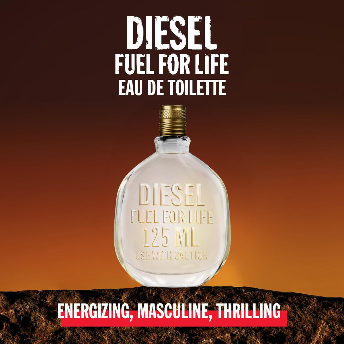 Diesel Fuel for Life bottle side view illustrating sleek packaging for travel.