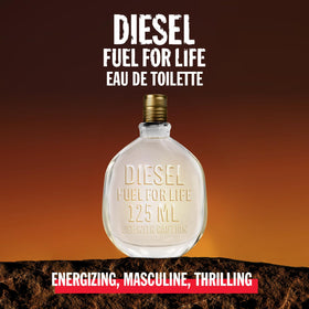Diesel Fuel for Life bottle side view illustrating sleek packaging for travel.
