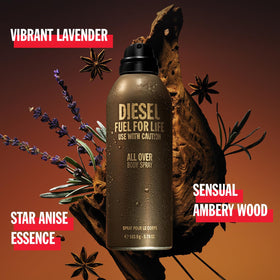 Diesel Fuel For Life bottle with label detail highlighting premium fragrance