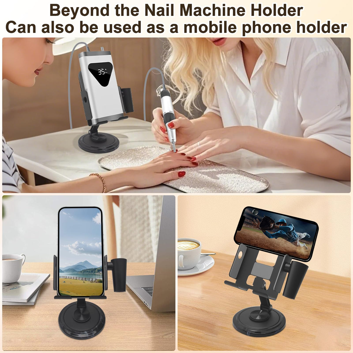 Diesisa Nail Drill Holder 2-in-1 design doubles as phone mount for tutorials.