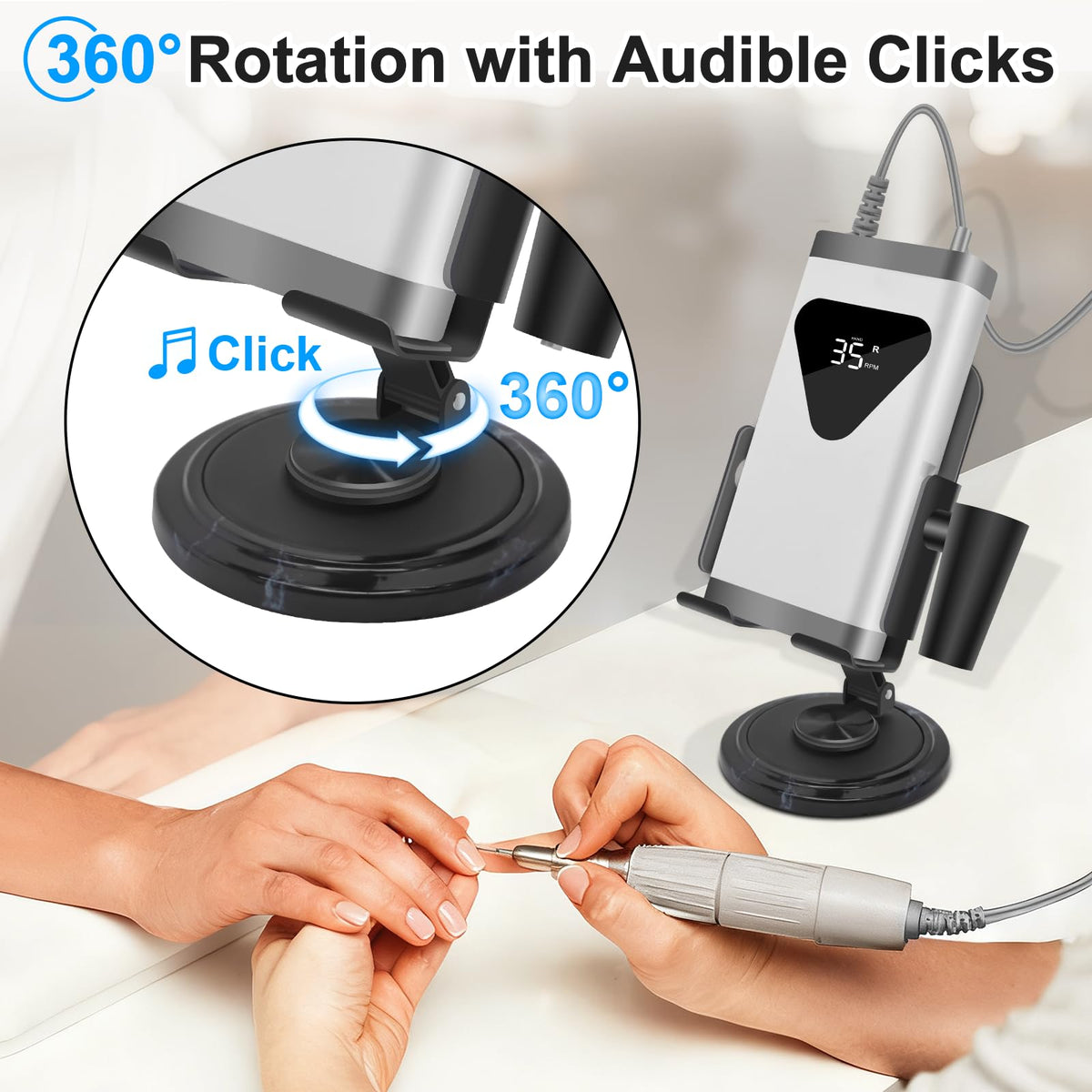 Diesisa Nail Drill Holder dual-axis lift enables precise height and angle.