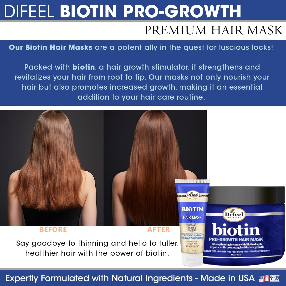 Biotin ingredient label on a Difeel product, highlighting nourishing blend