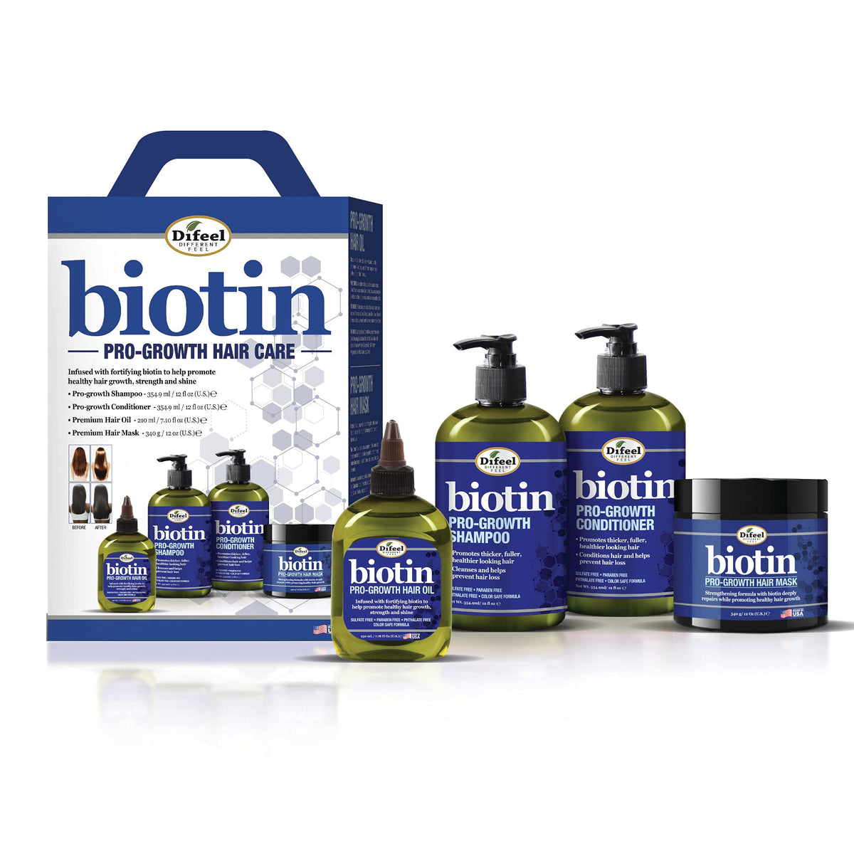 Difeel Biotin Pro-Growth Shampoo bottle, cleansing and revitalizing hair