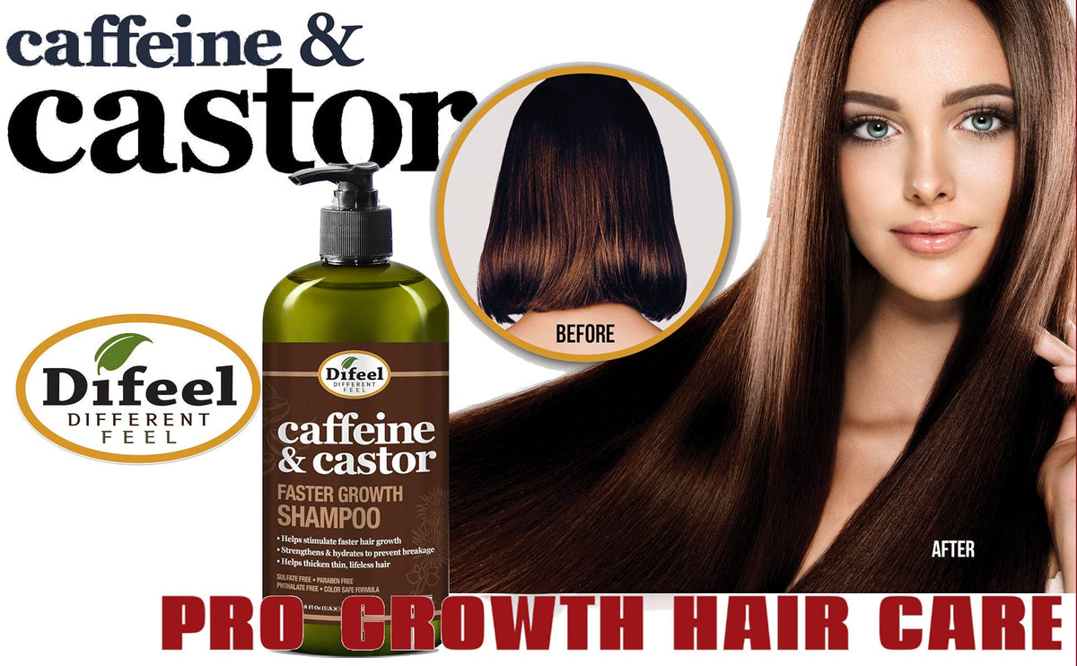 Difeel caffeine-castor shampoo 33.8 oz bottle visible.