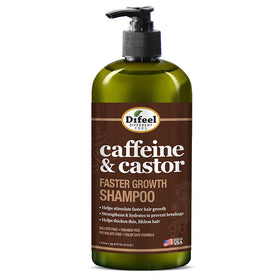 Difeel caffeine-castor shampoo bottle with pump for faster hair growth.