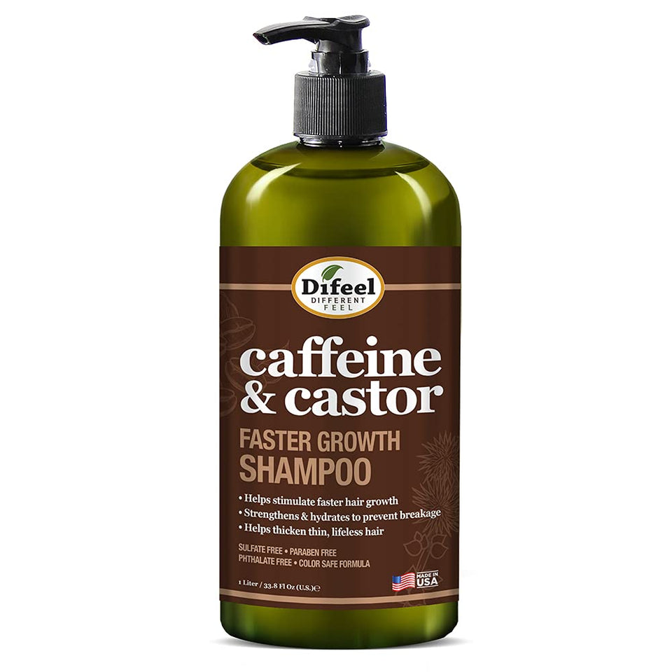 Difeel caffeine-castor shampoo bottle with pump for faster hair growth.