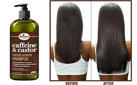 Difeel caffeine-castor shampoo ingredients panel with castor oil and caffeine.