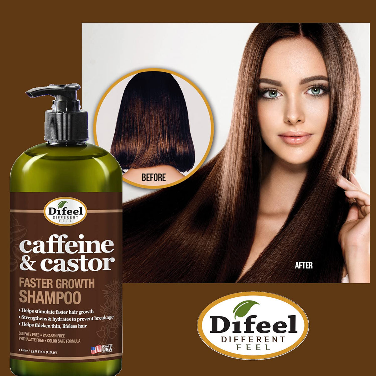 Difeel caffeine-castor shampoo label-front showing sulfate-free formula.