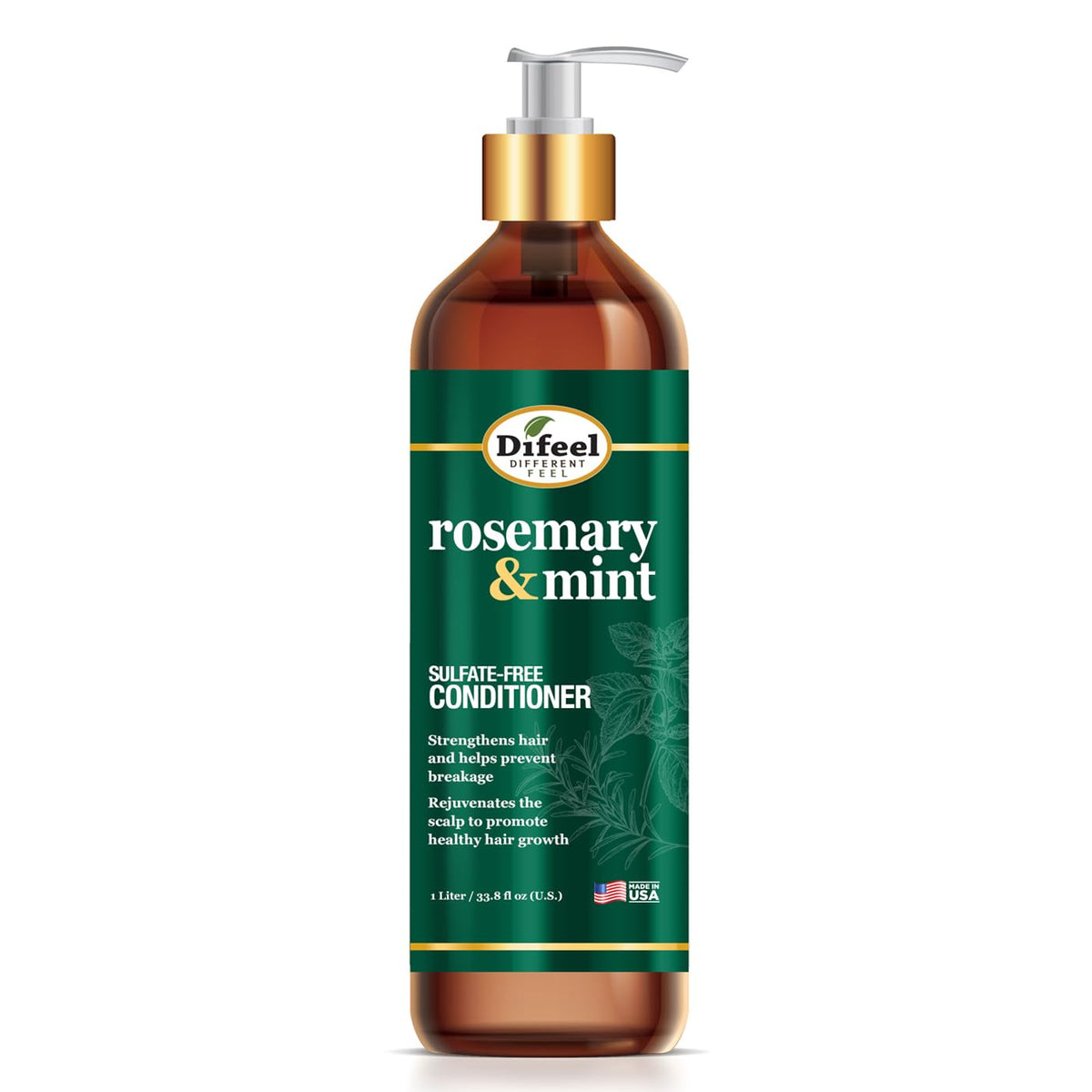 Difeel rosemary-mint conditioner bottle shows a strengthening formula for healthier hair.