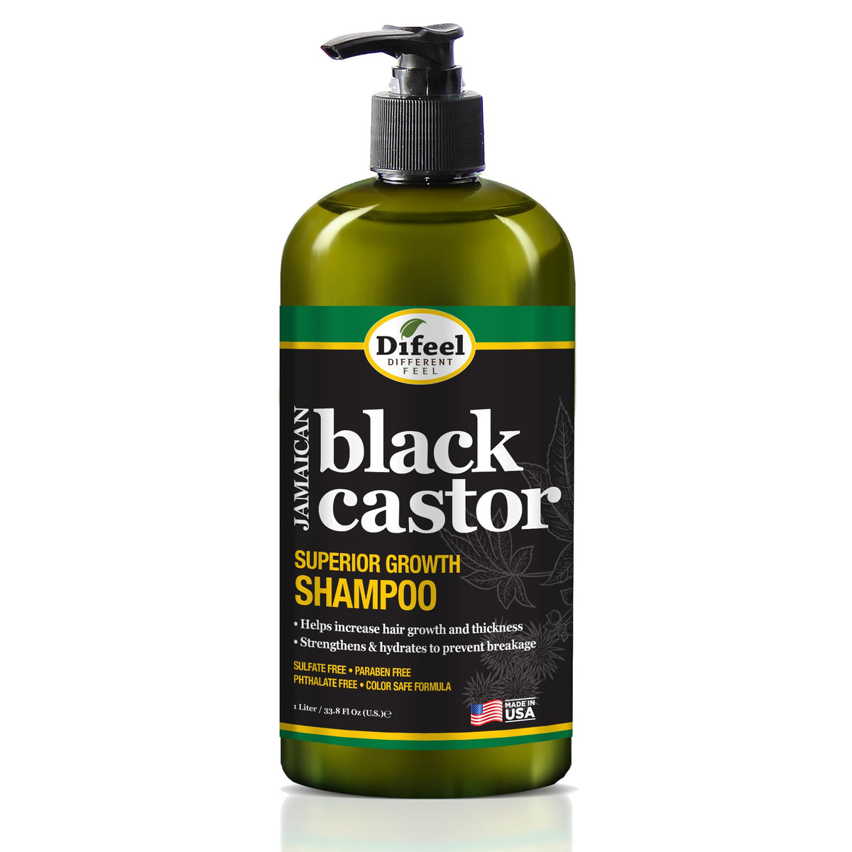 Difeel Superior Growth Jamaican Black Castor Shampoo bottle shown for daily scalp nourishment.