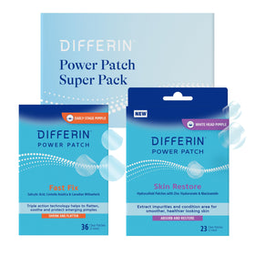 Differin fast-fix patches applied to skin for rapid blemish support under makeup.