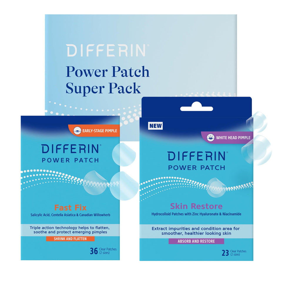 Differin fast-fix patches applied to skin for rapid blemish support under makeup.