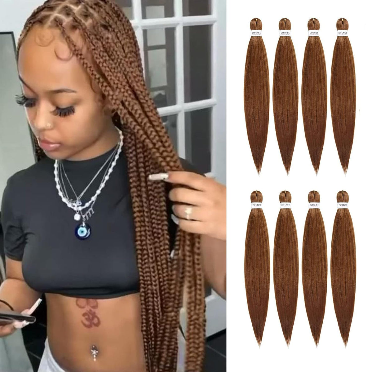 DIFUNEE pre-stretched braiding hair in brown for fast, comfortable twist or box braids.