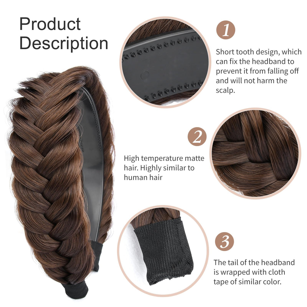 DIGUAN teeth-detail headband with chunky fishtail braids in chestnut